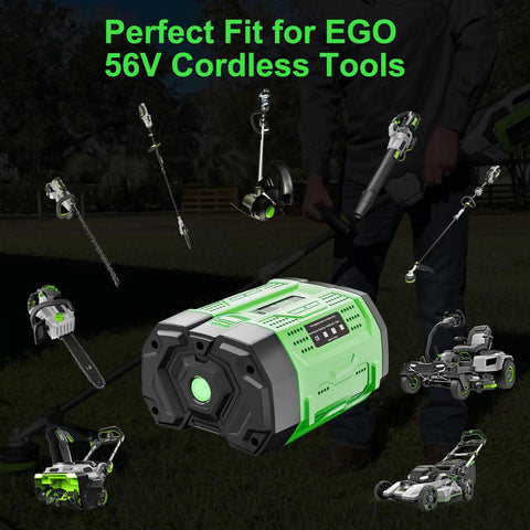EGO 56V cordless tool battery with various compatible power tools, highlighting compatibility and battery design.