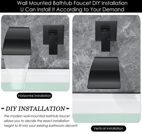 Solid Brass Wall Mount Bathtub Faucet With Single Handle Waterfall Spout, Easy Install Rough In Valve Included, brushed nickel
