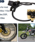 Street Ready Front Disc Brake Master Cylinder Caliper Assembly For 50cc To 125cc Chinese ATV Dirt Bike Pit Bike Front Brake Kit Fits SSR Roketa Lifan Coolster Baja Sunl Apollo Atomik Jetmomo And More shown uninstalled and on a dirt bike.