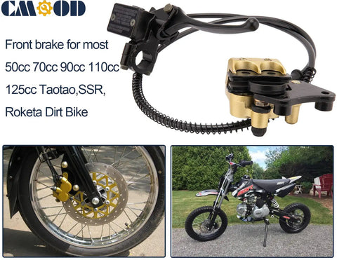 Street Ready Front Disc Brake Master Cylinder Caliper Assembly For 50cc To 125cc Chinese ATV Dirt Bike Pit Bike Front Brake Kit Fits SSR Roketa Lifan Coolster Baja Sunl Apollo Atomik Jetmomo And More shown uninstalled and on a dirt bike.