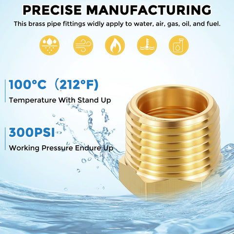 Front view: brass NPT reducer bushing, 3/8 in male to 1/4 in female, hex-style hose fitting