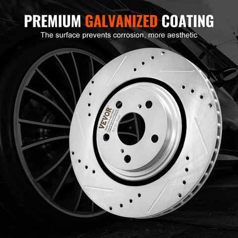 All In One Front And Rear Brake Kit With Drilled And Slotted Rotors And Ceramic Pads For Toyota Sienna, Highlander, Lexus RX350 And RX450H, 12.9 Inch Front Rotors And 12.2 Inch Rear Rotors, Complete 8 Pad Set, showcased with galvanized coating