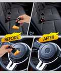 Before and after cleaning vehicle seat and steering wheel with 3 Piece Car Interior Detail Dust Brush Set With Soft Microfiber Dual Head Duster For Dash Console Vents And Upholstery No-Shed Cleaning Tool For Auto Truck SUV And RV.