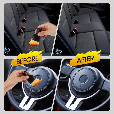 Before and after cleaning vehicle seat and steering wheel with 3 Piece Car Interior Detail Dust Brush Set With Soft Microfiber Dual Head Duster For Dash Console Vents And Upholstery No-Shed Cleaning Tool For Auto Truck SUV And RV.