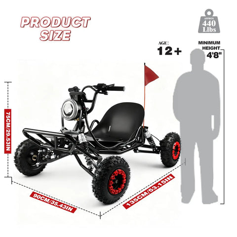 Electric Go Kart For Adults And Kids With 2100W Motor, 3 Speed Off Road Kart, shown with size measurements and silhouette