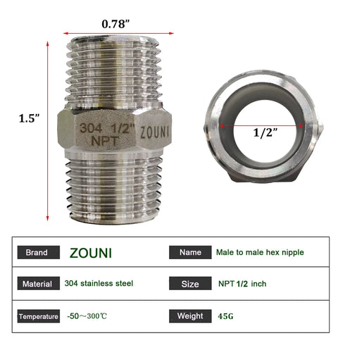 Four Pack 1/2 Inch Stainless Steel Nipple Fittings, 304 Stainless Steel 1/2 Inch NPT Male Threaded Pipe Adapters, Equal Nipples Connectors