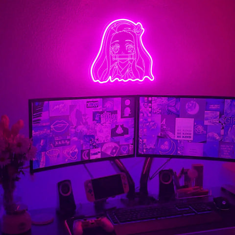 Kamado Nezuko Neon Sign Handmade Anime LED Night Light for Bedroom Wall Decor, pink glow over computer setup, 12x12 inches