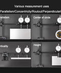 Heavy Duty Magnetic Base Stand For Dial Indicator With 360 Degree Adjustable Arm and Swivel Joints showing measurement uses like height, verticality, and parallelism.
