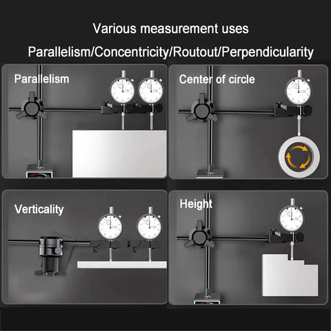 Heavy Duty Magnetic Base Stand For Dial Indicator With 360 Degree Adjustable Arm and Swivel Joints showing measurement uses like height, verticality, and parallelism.