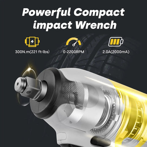 Cutaway view of Cordless Brushless Impact Wrench Half Inch Drive With 300 Nm Max Torque 3000 IPM Two Speed features.
