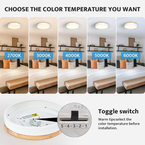 Dimmable Wood Ceiling Light Fixture With 5 Color Temperatures From Warm To Cool 2700K-6000K demonstration and switch view