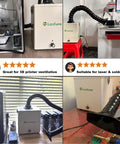105W Solder Fume Extractor with Big 2 In 1 HEPA Carbon Filter for soldering, PCB repair, and laser engravers, shown in workspace.