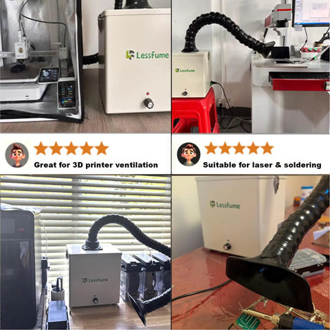 105W Solder Fume Extractor with Big 2 In 1 HEPA Carbon Filter for soldering, PCB repair, and laser engravers, shown in workspace.