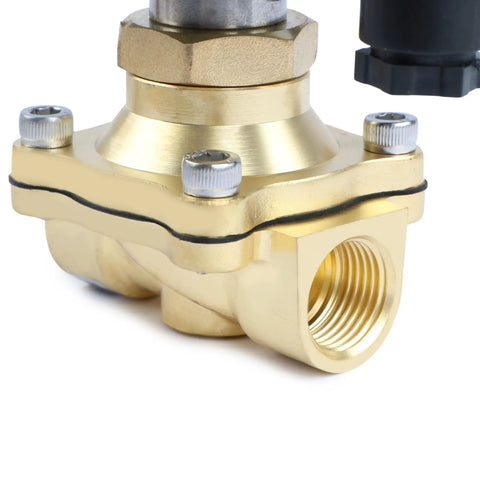 Half Inch Brass Solenoid Valve, Normally Open, 110 to 120V AC, 145 PSI Electric Valve For Water Air Diesel, Half Inch NPT Thread