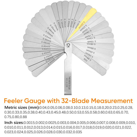 32-blade metal feeler gauge set arranged in a circular fan with dual metric and SAE sizing.