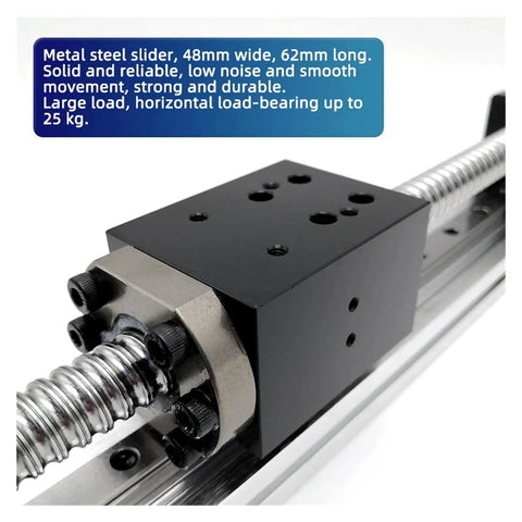 Real Smooth 450mm CNC Linear Guide Rail Actuator System close-up on ball screw mechanism and metal slider detail