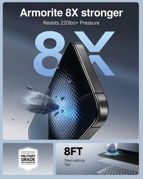 Military grade shatterproof screen protector enduring steel ball drop test, showcasing Armoritex 8X stronger resilience.