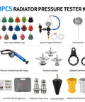 Grease Monkey Approved 30 Piece Coolant Pressure Testing Kit with radiator cap adapters, pump, thermometer, aluminum fittings.