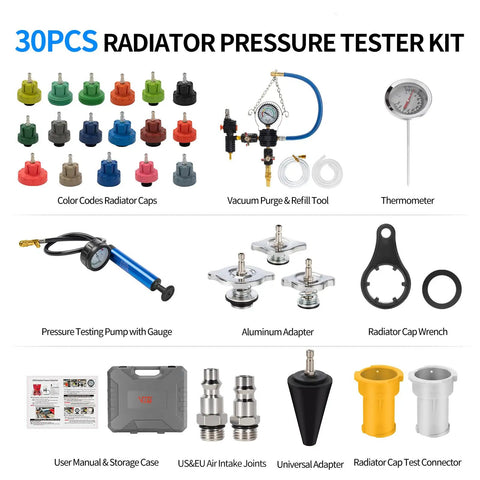 Grease Monkey Approved 30 Piece Coolant Pressure Testing Kit with radiator cap adapters, pump, thermometer, aluminum fittings.