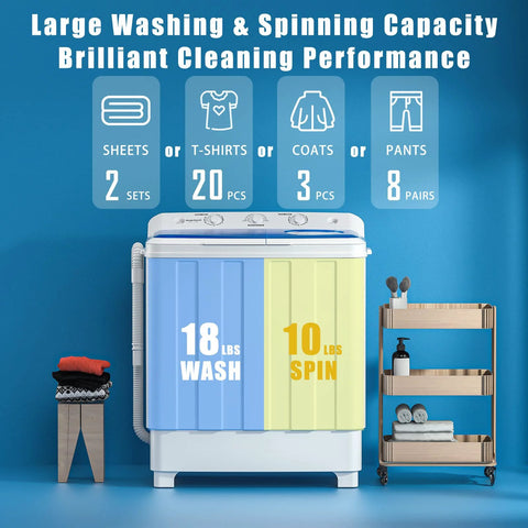Auertech portable twin-tub washing machine, front view, with 18 lb wash and 10 lb spin, blue/yellow front panels