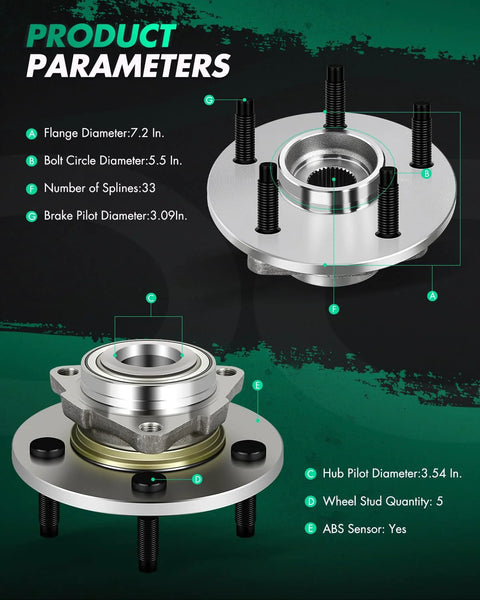 Front Wheel Hub Bearing Assembly For Dodge Ram 1500 2002-2008 5 Lug Front Replacement Built To Last With Heavy Duty Sealed Bearing And Precision Fitment For 2 Wheel ABS Or Non ABS Systems 515072, showing dimensions and components.