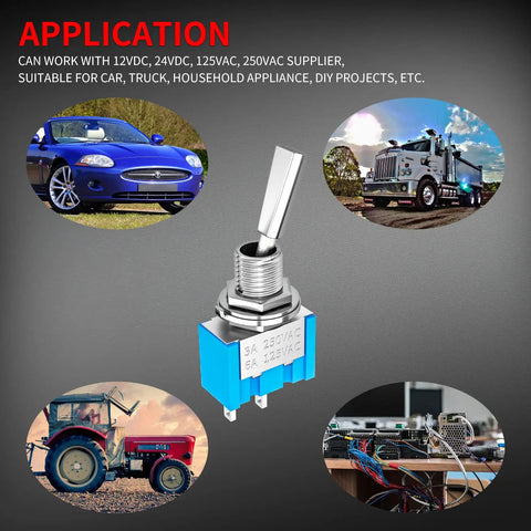 Mini SPST Toggle Switch On Off 2 Position Slick Flat Micro Toggle For DIY Projects Cars Trucks And Home Appliances Hand Soldering Friendly 6A 125VAC 3A 250VAC 2 Pin 6mm Mount Three Pack Easy Replacement For Wire Harnesses And Circuits with images of a car, truck, tractor, and electronics project