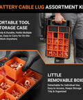 Ultimate 227 Piece Battery Terminal End Kit For Cars And Trucks with storage case, copper lugs, and heat shrink tubing.