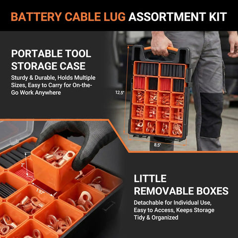 Ultimate 227 Piece Battery Terminal End Kit For Cars And Trucks with storage case, copper lugs, and heat shrink tubing.