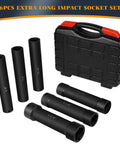 Extended Length 1/2 Inch Drive Impact Socket Set With Extra Deep Sockets Heavy Duty Steel 6-Piece, case and sockets displayed