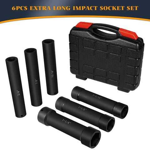 Extended Length 1/2 Inch Drive Impact Socket Set With Extra Deep Sockets Heavy Duty Steel 6-Piece, case and sockets displayed