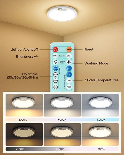 Rechargeable Motion Sensor Ceiling Light With Remote Dimmable LED Lighting For Closet Shower Hallway Stairs Porch Shed Waterproof