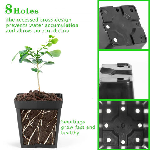 Square Nursery Pots 3.3 Inch Flexible Plastic Seedling Pots with drainage holes and plant labels for efficient growth