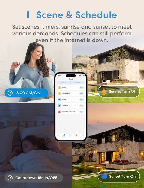 Smart WiFi Light Switch Single Pole 4 Pack Compatible With Alexa Google Assistant And SmartThings Needs Neutral Wire Remote Control And Scheduling No Hub Needed 2.4G Only, scheduling app displayed on smartphone, home automation concept.