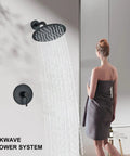 Oil Rubbed Bronze Shower System With 16 Inch Rainfall Shower Head Single Handle Faucet Kit in use, side view