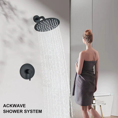Oil Rubbed Bronze Shower System With 16 Inch Rainfall Shower Head Single Handle Faucet Kit in use, side view