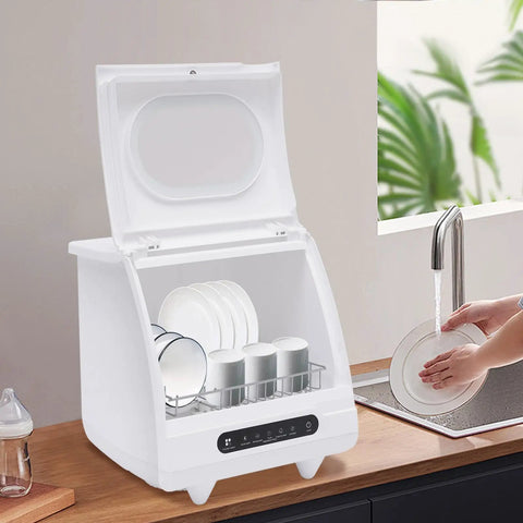 Pretty Sweet Compact Countertop Dishwasher Featuring 1200W Power Plus Twelve 360 Degree Spin Jets That Scrub Your Mess Straight Up Fast Ideal For Apartments Rvs And Busy Households with open lid showing clean dishes.