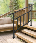 Rock-Solid 4-Step Steel Stair Railing with Integrated Fence Safety Barrier Features Tough Baked-On Finish for Indoor Outdoor Porch Deck Heavy-Duty Handrail beside wooden steps