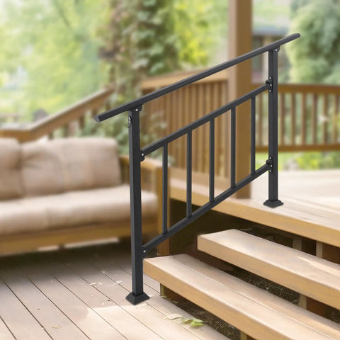 Badass 4 Step Steel Stair Railing With Fence Builds A Rock Solid Barrier For Seniors And Kids Baked Finish on outdoor stairs.