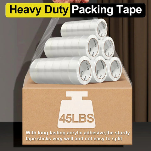 Clear Heavy Duty Packing Tape Refill Rolls, 6 Rolls, 2 Inch Wide By 65 Yards Each, displayed on a box with weight label