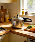 Front view of stainless steel pressure cooker with lid and black handles on a wooden kitchen counter.