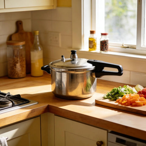 Front view of stainless steel pressure cooker with lid and black handles on a wooden kitchen counter.