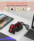 2D Industrial Barcode Scanner With Stand And Wireless Charging Base, Hands Free Operation, USB Compatibility, 433 Wireless Tech Delivers Up To 1968 Feet Open Air Transmission, Red on desk beside laptop and tablet