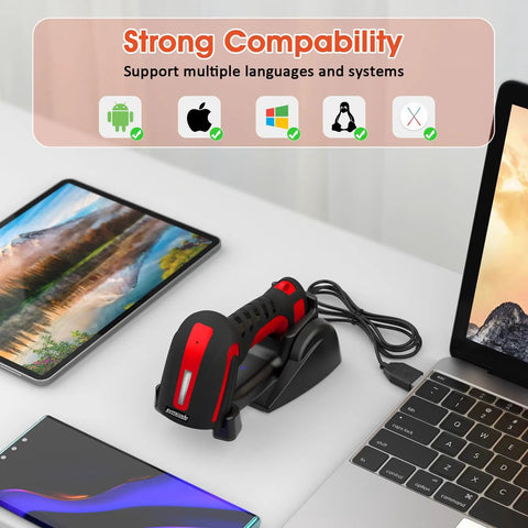 2D Industrial Barcode Scanner With Stand And Wireless Charging Base, Hands Free Operation, USB Compatibility, 433 Wireless Tech Delivers Up To 1968 Feet Open Air Transmission, Red on desk beside laptop and tablet