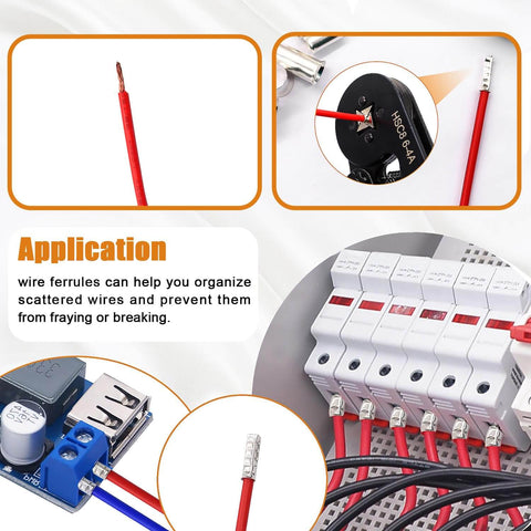Heavy Duty Wire Ferrules Kit With Eight Size Silver Plated Copper Ends For AWG 1/0 To 12, shown in use in wiring applications.