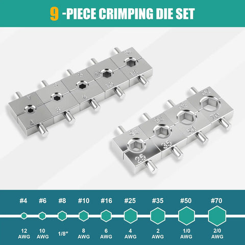9-piece die set for 6 Ton Hydraulic Crimping Tool With 9 Die Pairs For 12 AWG To Two Zero Battery Cable Lugs And Wire Rope Crimper