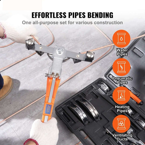 Ratcheting Pipe Bender Kit With 7 Dies And Cutter for 1/4 to 7/8 inch tubes, shown with tools and carrying case for HVAC.