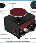 Topshelf Mini Belt And Disc Sander Combo Featuring Independent Dual Motor Controls, 4 inch grinding pad, controls, and components.