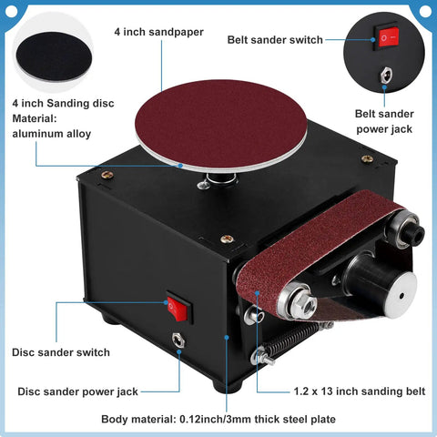 Topshelf Mini Belt And Disc Sander Combo Featuring Independent Dual Motor Controls, 4 inch grinding pad, controls, and components.