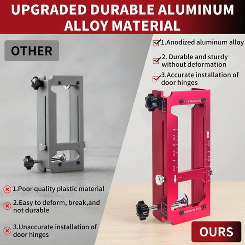 Upgraded Durable Aluminum Alloy Hinge Jig vs Plastic Comparison, showing Guhiwuk's improved door hinge jig features.