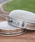 Stainless Steel Honey Strainer With Dual Sieve for Beekeeping, Fine and Coarse Mesh Filter on a wooden surface